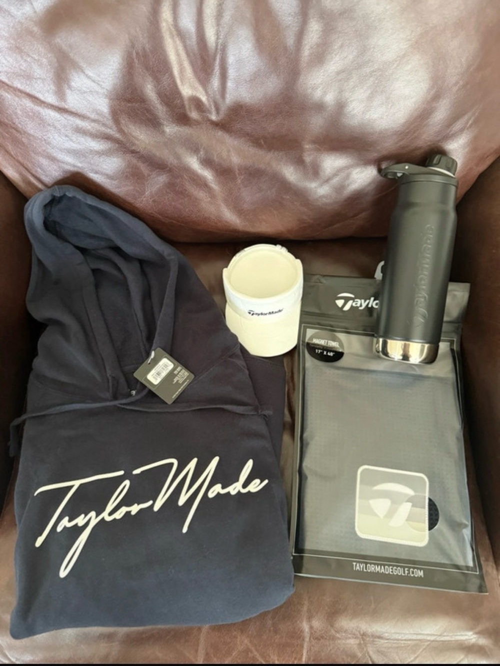 TaylorMade Navy Hoodie with Black Bottle & Accessories